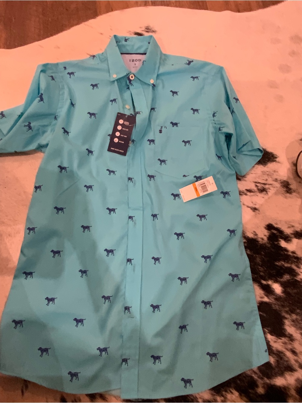 Izod Aqua Short-Sleeve Button-Down with Navy Dog Print